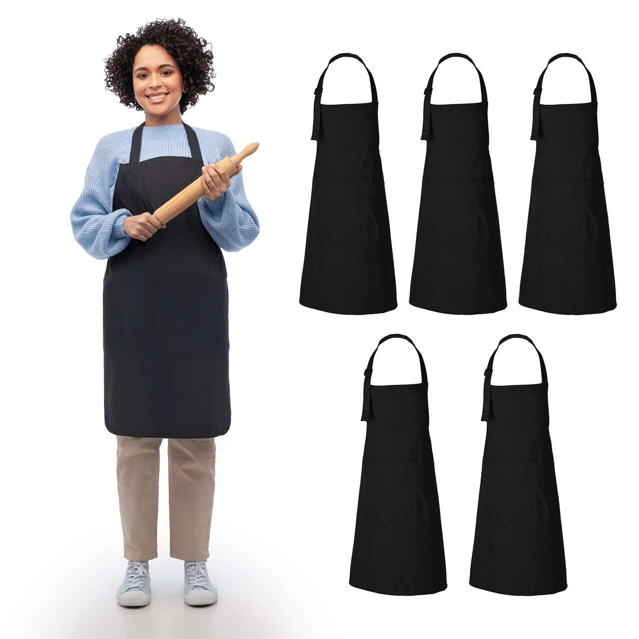 Black Apron Chef for Men and Women with Pockets Cotton Kitchen Cooking Full Aprons 35x27 Inches Pack of 5